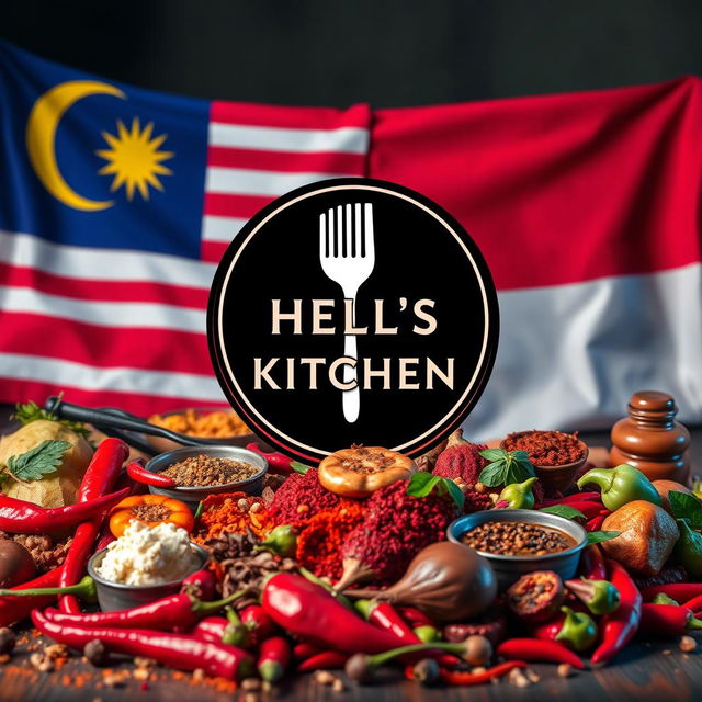 A vibrant representation of Hell's Kitchen in a Malay and Indonesian theme, featuring the iconic Hell's Kitchen symbol prominently displayed