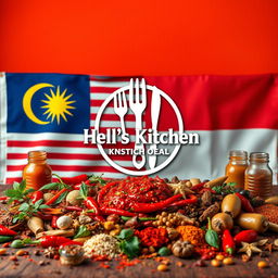 A vibrant representation of Hell's Kitchen in a Malay and Indonesian theme, featuring the iconic Hell's Kitchen symbol prominently displayed