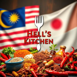 A vibrant representation of Hell's Kitchen in a Malay and Indonesian theme, featuring the iconic Hell's Kitchen symbol prominently displayed