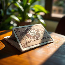 A detailed close-up of a photograph featuring a prominent Bank of Baroda stamp