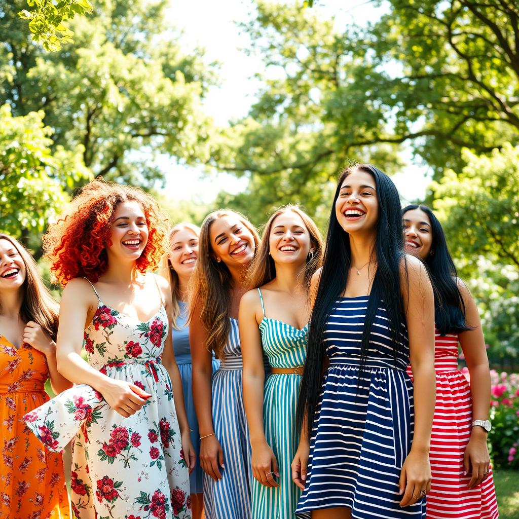 A vibrant scene featuring a group of diverse young women sharing joyful laughter in a sunlit park