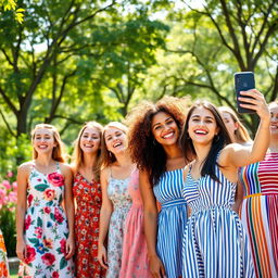 A vibrant scene featuring a group of diverse young women sharing joyful laughter in a sunlit park