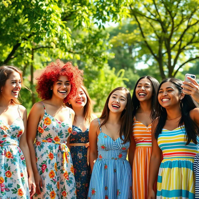 A vibrant scene featuring a group of diverse young women sharing joyful laughter in a sunlit park