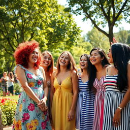 A vibrant scene featuring a group of diverse young women sharing joyful laughter in a sunlit park