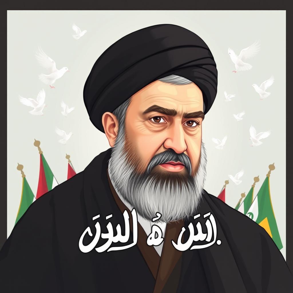 A portrait illustration of Sayyed Hassan Nasrallah, the Secretary-General of Hezbollah, in a respectful and dignified manner
