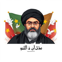 A portrait illustration of Sayyed Hassan Nasrallah, the Secretary-General of Hezbollah, in a respectful and dignified manner