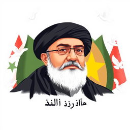 A portrait illustration of Sayyed Hassan Nasrallah, the Secretary-General of Hezbollah, in a respectful and dignified manner