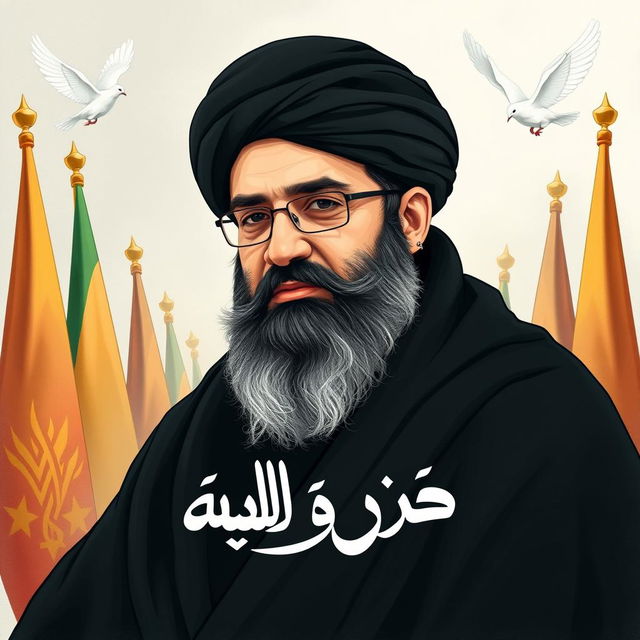 A portrait illustration of Sayyed Hassan Nasrallah, the Secretary-General of Hezbollah, in a respectful and dignified manner