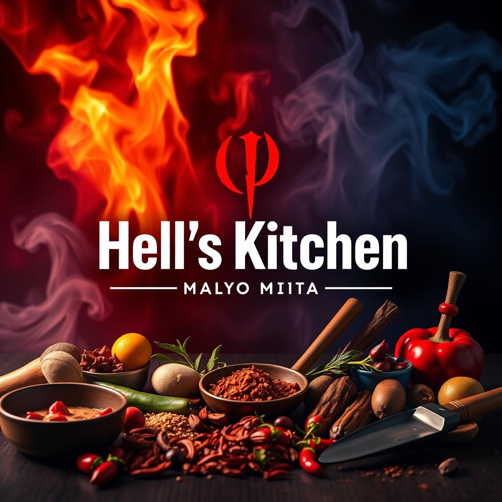 A dramatic and visually striking representation of Hell's Kitchen styled for Malay and Indonesian cuisine