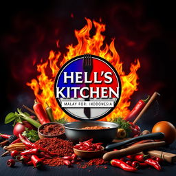 A dramatic and visually striking representation of Hell's Kitchen styled for Malay and Indonesian cuisine