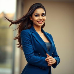 A fashionable young woman wearing a tailored blazer in blue, striking a confident pose