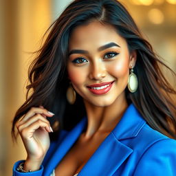 A fashionable young woman wearing a tailored blazer in blue, striking a confident pose