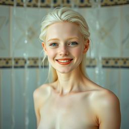 A full-length photo of a tall, pale, slim smiling young albino woman reminiscent of Venus, positioned in a beautifully tiled room