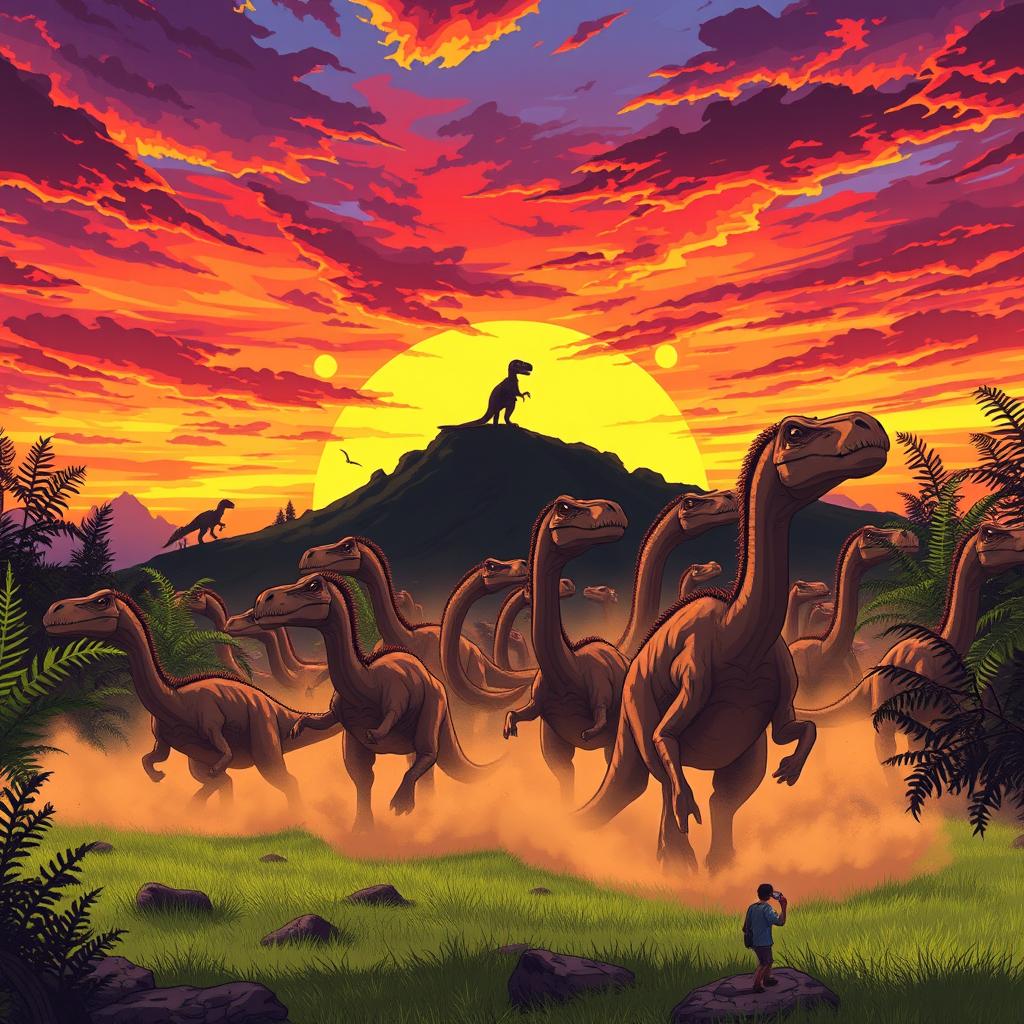 Anime style illustration of a thrilling scene depicting a stampede of diplodocus in the foreground, their long necks and tails gracefully arched as they charge across a lush, green landscape