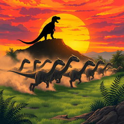 Anime style illustration of a thrilling scene depicting a stampede of diplodocus in the foreground, their long necks and tails gracefully arched as they charge across a lush, green landscape