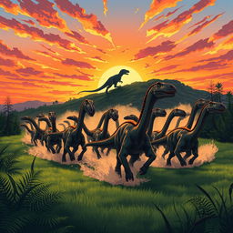 Anime style illustration of a thrilling scene depicting a stampede of diplodocus in the foreground, their long necks and tails gracefully arched as they charge across a lush, green landscape