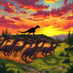 Anime style illustration of a thrilling scene depicting a stampede of diplodocus in the foreground, their long necks and tails gracefully arched as they charge across a lush, green landscape