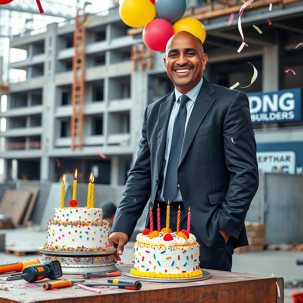 A tall Indian man with a bald head and medium build, dressed in a formal business suit, joyfully celebrating his birthday at a construction site