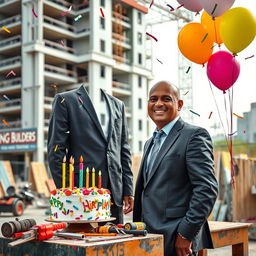 A tall Indian man with a bald head and medium build, dressed in a formal business suit, joyfully celebrating his birthday at a construction site
