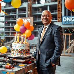 A tall Indian man with a bald head and medium build, dressed in a formal business suit, joyfully celebrating his birthday at a construction site