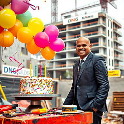 A tall Indian man with a bald head and medium build, dressed in a formal business suit, joyfully celebrating his birthday at a construction site