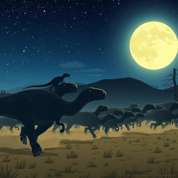 Anime style illustration of a nocturnal scene featuring a thrilling stampede of diplodocus in the foreground, their massive forms silhouetted against the moonlit landscape