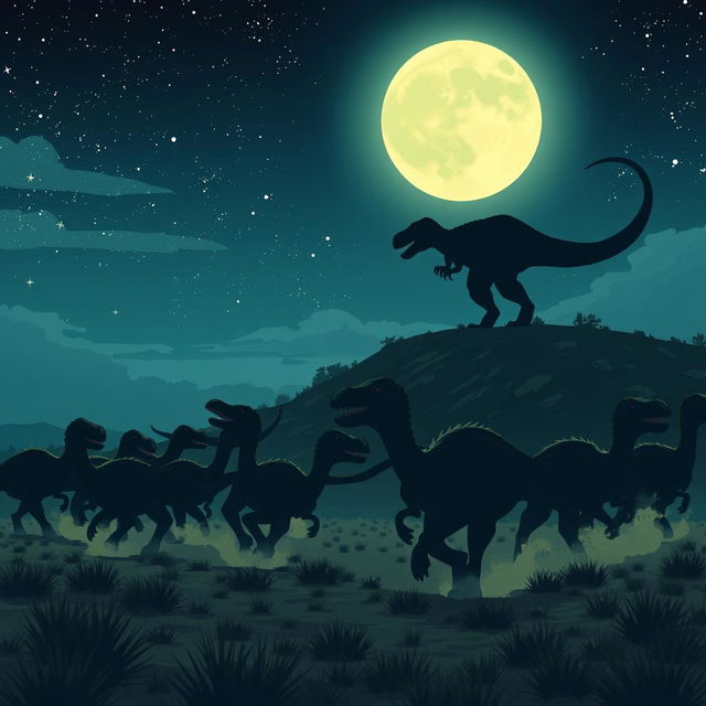 Anime style illustration of a nocturnal scene featuring a thrilling stampede of diplodocus in the foreground, their massive forms silhouetted against the moonlit landscape