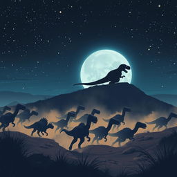 Anime style illustration of a nocturnal scene featuring a thrilling stampede of diplodocus in the foreground, their massive forms silhouetted against the moonlit landscape