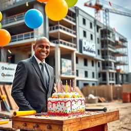 A tall Indian man with a bald head and medium build, dressed in a formal business suit, celebrating his birthday at a lively construction site