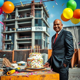 A tall Indian man with a bald head and medium build, dressed in a formal business suit, celebrating his birthday at a lively construction site