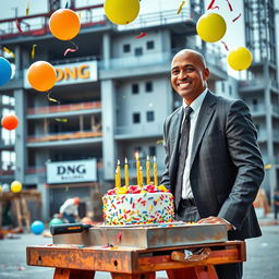 A tall Indian man with a bald head and medium build, dressed in a formal business suit, celebrating his birthday at a lively construction site