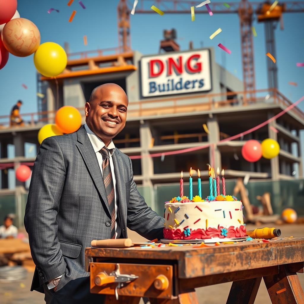 A tall Indian man with a bald head and medium build, dressed in a formal business suit, celebrating his birthday at a lively construction site