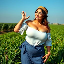 A beautiful, voluptuous woman with large, round breasts, dressed in traditional Kuwaiti farmer attire, striking a playful and flirtatious pose in a lush green field