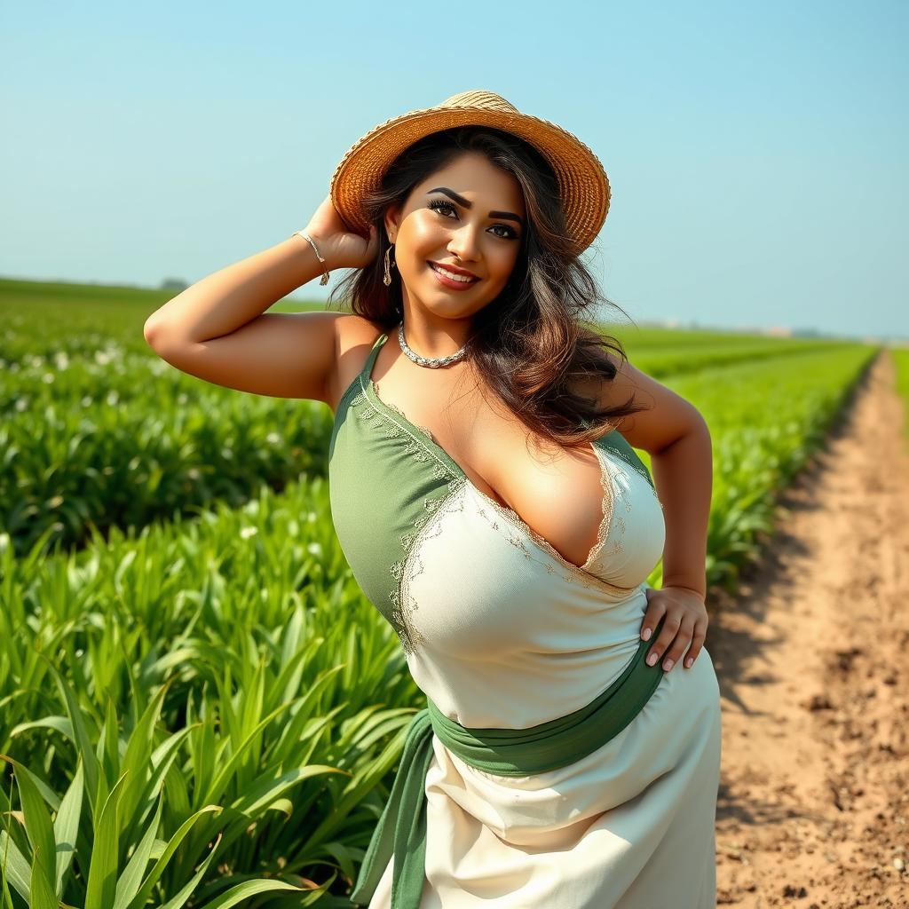 A beautiful, voluptuous woman with large, round breasts, dressed in traditional Kuwaiti farmer attire, striking a playful and flirtatious pose in a lush green field