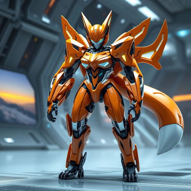 A fembot transformer with a dominant orange color scheme, resembling a fox but with distinct alien Transformer features reflecting her Cybertronian origins