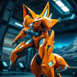 A fembot transformer with a dominant orange color scheme, resembling a fox but with distinct alien Transformer features reflecting her Cybertronian origins