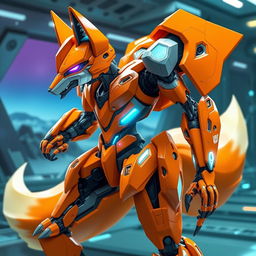 A fembot transformer with a dominant orange color scheme, resembling a fox but with distinct alien Transformer features reflecting her Cybertronian origins