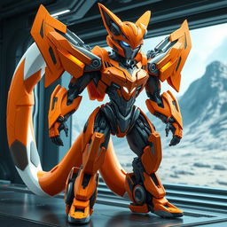 A fembot transformer with a dominant orange color scheme, resembling a fox but with distinct alien Transformer features reflecting her Cybertronian origins