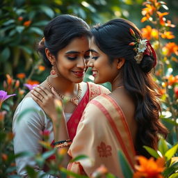 A serene and intimate scene depicting a beautiful Indian woman, showcasing the elegance of her traditional attire, surrounded by natural beauty and a tranquil atmosphere