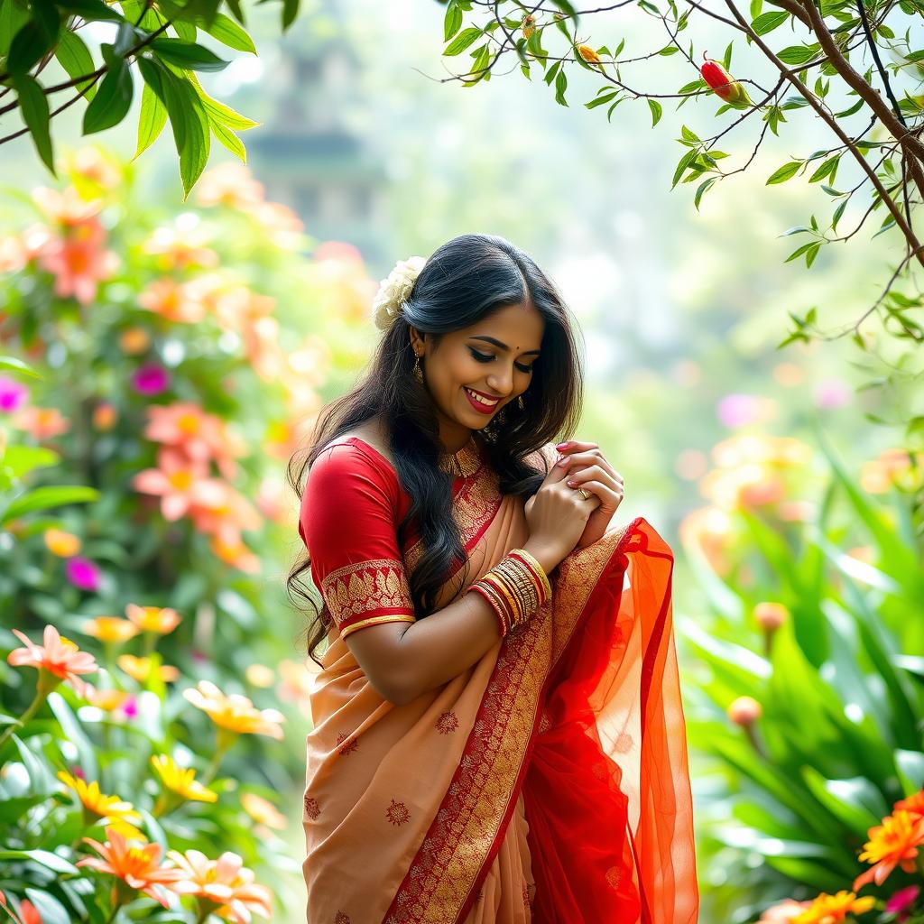 A serene and intimate scene depicting a beautiful Indian woman, showcasing the elegance of her traditional attire, surrounded by natural beauty and a tranquil atmosphere