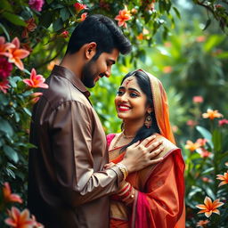 A serene and intimate scene depicting a beautiful Indian woman, showcasing the elegance of her traditional attire, surrounded by natural beauty and a tranquil atmosphere