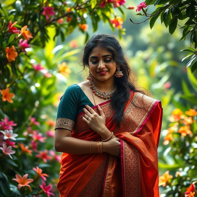 A serene and intimate scene depicting a beautiful Indian woman, showcasing the elegance of her traditional attire, surrounded by natural beauty and a tranquil atmosphere