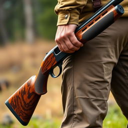 A realistic depiction of a person holding a shotgun, showcasing the intricate details of the firearm, including the texture of the wood and metal parts