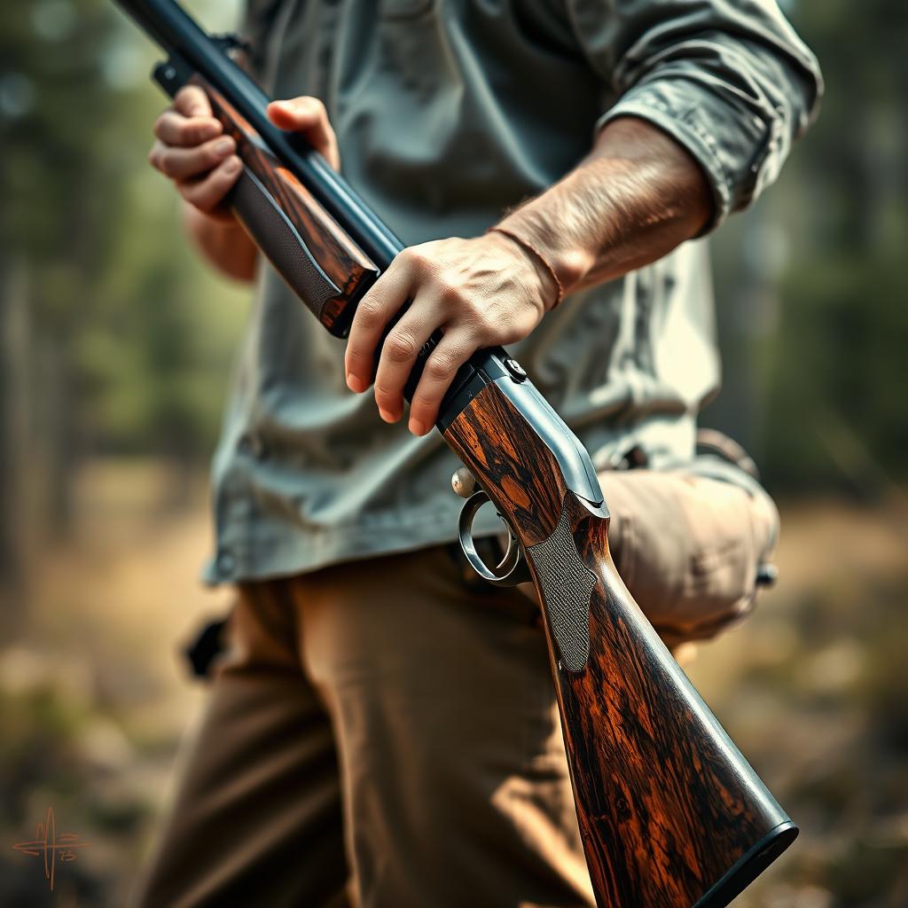 A realistic depiction of a person holding a shotgun, showcasing the intricate details of the firearm, including the texture of the wood and metal parts