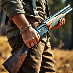 A realistic depiction of a person holding a shotgun, showcasing the intricate details of the firearm, including the texture of the wood and metal parts