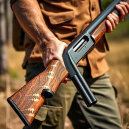 A realistic depiction of a person holding a shotgun, showcasing the intricate details of the firearm, including the texture of the wood and metal parts