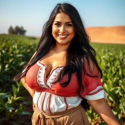 A beautiful, voluptuous Arab woman with large, round breasts, dressed in traditional farmer attire, playfully posing in a field