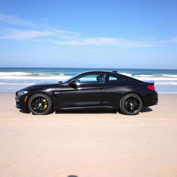 A sleek black car parked on a beautiful sandy beach, with sunlight reflecting off its shiny surface