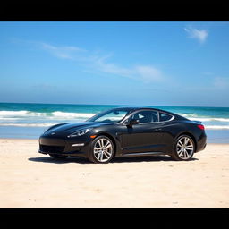 A sleek black car parked on a beautiful sandy beach, with sunlight reflecting off its shiny surface