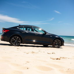 A sleek black car parked on a beautiful sandy beach, with sunlight reflecting off its shiny surface
